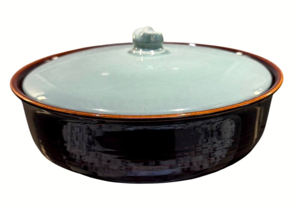 Vintage Red Wing Village Green 2 Qt Round Covered Casserole Brown Aqua MCM